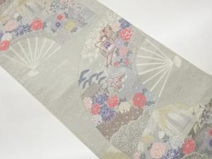 プラチナ箔重ね扇花鳥文織出し袋帯